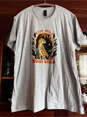 Gildan Gray 'Stay Wild Moon Child' Graphic Tee with Orange Leopard